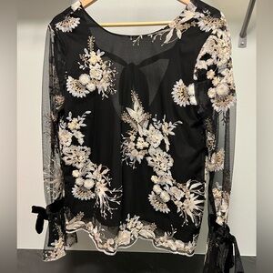 WAYF Embroidered Mesh Top with Ribbons